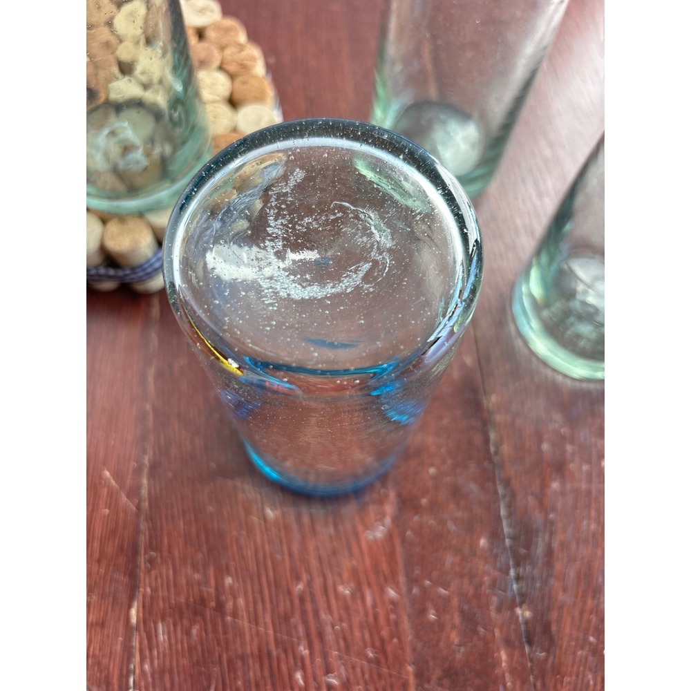 Set of 4 Mexican Hand Blown Glass Highball Tumblers Turquoise Blue Rim 5.25" - Picture 4 of 5